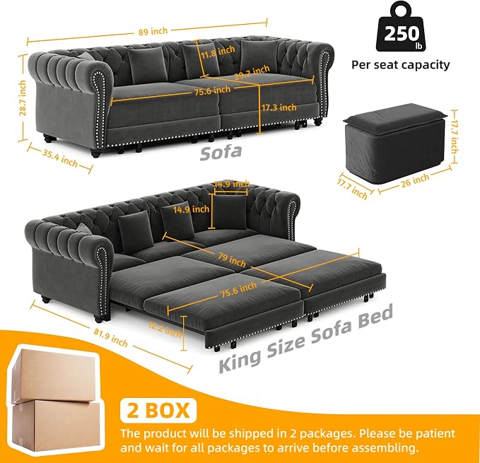 89'' Pull Out Sofa Bed King, Chesterfield Velvet Sleeper Sofa, Convertible L-Shaped Futon Couch, Tufted Back, 4 Pillows, Ottoman, Deep Seat Loveseat Couches for Living Room, Apartment, Gray