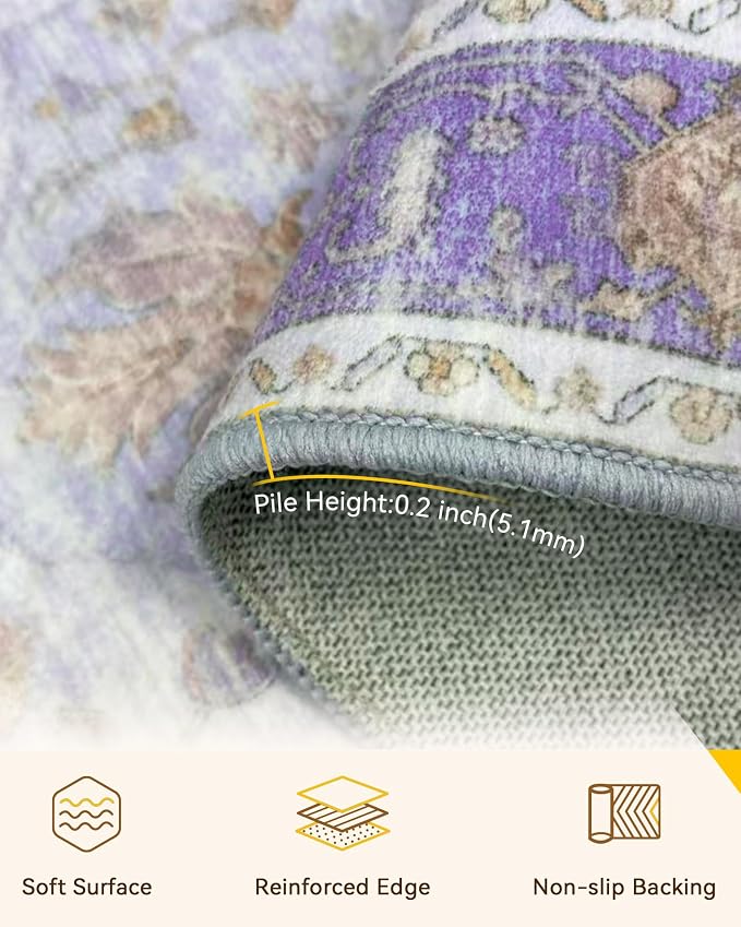 RELEANY Area Rugs Square 4ft Washable Non-Slip, Floral Vintage Distress Medallion Carpet for Living Room Bedroom Dining Room, Light Purple Brown