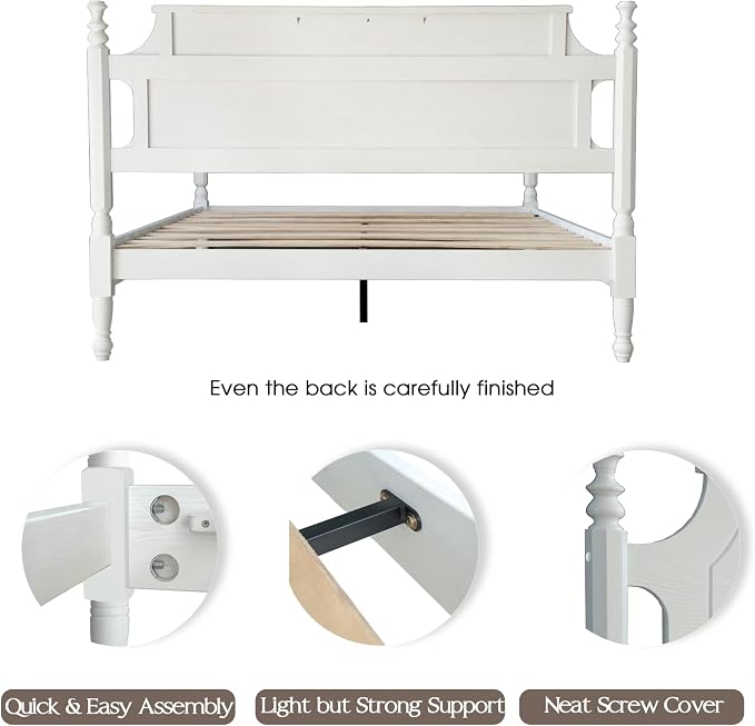 Solid Wood Queen Size Platform Frame, Headboard & Footboard, No Box Spring Needed, 12 Wooden Slats, Center Metal Legs, Slip-Free, Simple Assembly, Under Bed Storage, Pure White Finish, ROQ-39