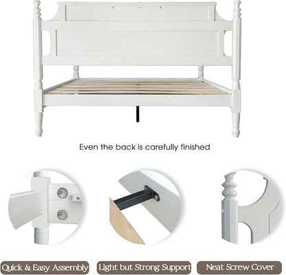 Solid Wood Queen Size Platform Frame, Headboard & Footboard, No Box Spring Needed, 12 Wooden Slats, Center Metal Legs, Slip-Free, Simple Assembly, Under Bed Storage, Pure White Finish, ROQ-39