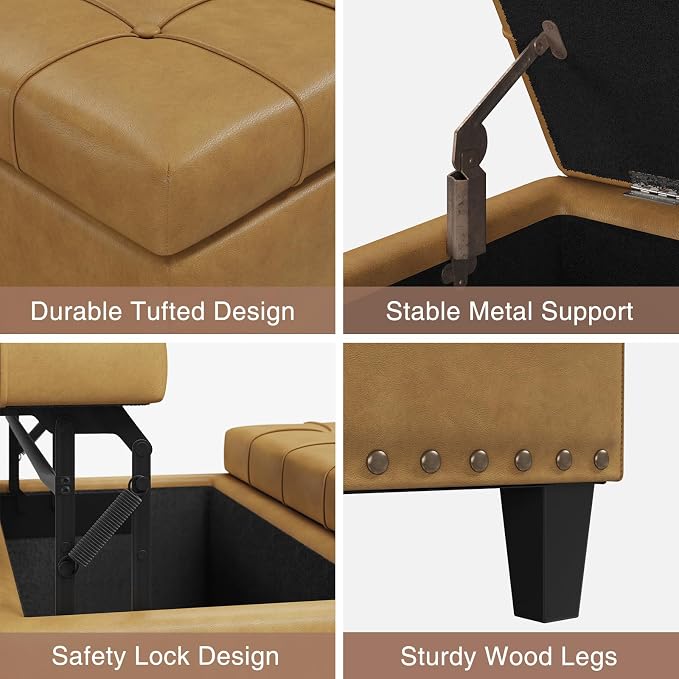 FiveWillowise Square Leather Ottoman with Storage, Faux Leather Coffee Table with Lift Top,Large Upholstered Footrest Stool Toy Box Storage Bench for Bedroom Living Room, Camel