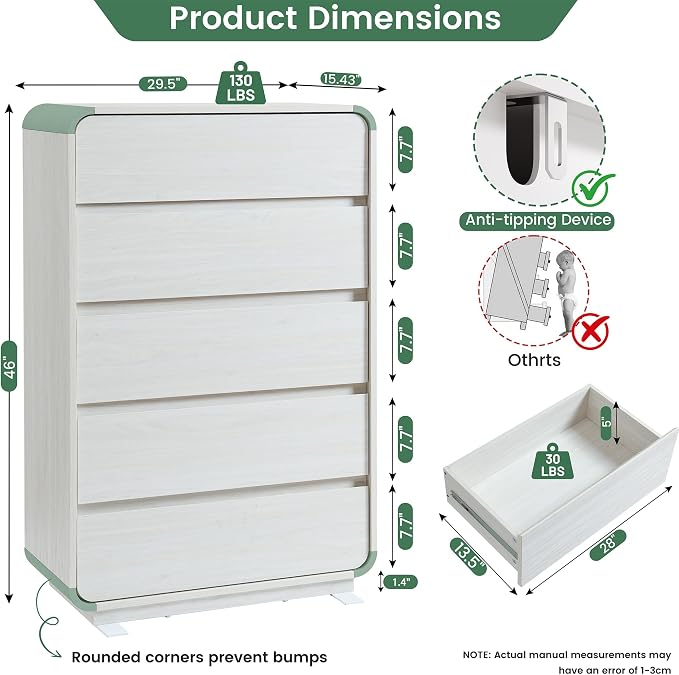 Standifurno White 5 Drawers Dresser, Curved Dresser with Storage Organizer, Modern Drawer of Handleless, Large Chest of Drawers for Living Room, Nursery, Entryway, 29.5’’W