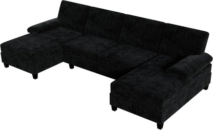 Shintenchi U-Shaped Sectional Sofa with Double Chaise,Linen Fabric 4-Seat Modern Couch, Removable Pillows for Apartment Living Room, Gray