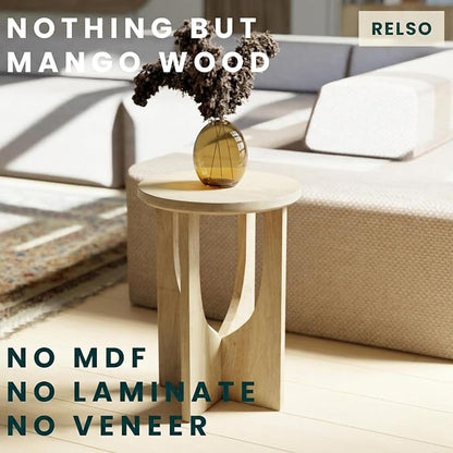 Relso Stupa Solid Wood End Table - 22" Tall Round Side Table, Natural Finish, Handcrafted, Effortless Assembly, Modern Look, Compact for Living Room or Bedroom, Space-Conscious Decor for Small Areas