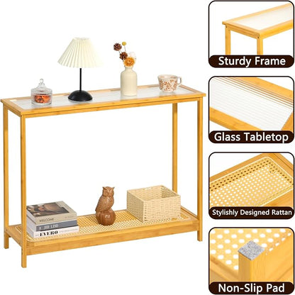 Bamboo Narrow Console Table, 39.4"(L) Wood Small Entryway Table with Rattan and Glass, Accent Slim Hallway Tables, Thin Sofa Side Tables for Hallway, Living Room, Foyer, Burlywood