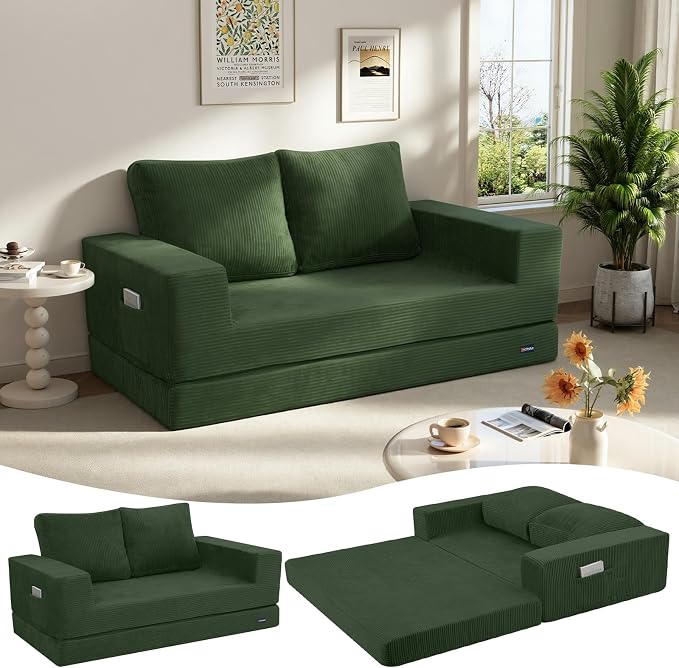 COMAX Futon Sofa Bed, Convertible Sofa Bed, Folding Boneless Couches | Boneless Couch for living room, 4‑in‑1 Fold Out Small Foldable Loveseat Floor Sleeper Mattress Lounge Space‑Saving, Green