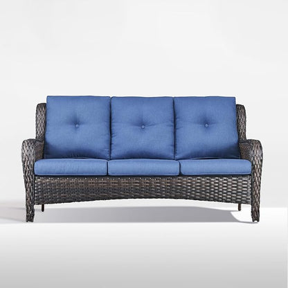 Outdoor Couch All Weather PE Wicker Patio Sofa Outdoor Sofa Deep Seating for Porch Deck Backyard-Brown/Blue