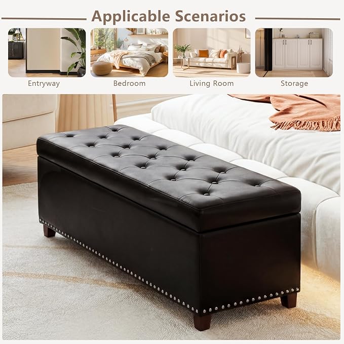 Joveco 47 Inch Storage Ottoman Bench,Tufted Leather Storage Bench with Nailhead Trim for Bedroom (47”,Black)