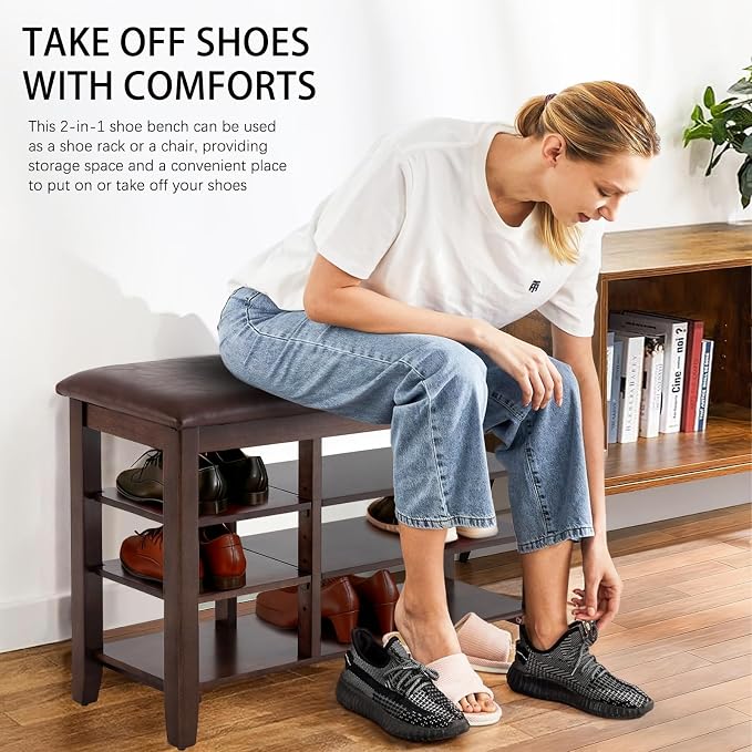 PY HOME & SPORTS Shoe Rack for Entryway 31.5": 3-Tier Shoe Storage Bench,Adjustable/Removable Shelves, Rubberwood Shoe Benches for Hallway, Porch, Bathroom, Brown