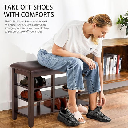 PY HOME & SPORTS Shoe Rack for Entryway 31.5": 3-Tier Shoe Storage Bench,Adjustable/Removable Shelves, Rubberwood Shoe Benches for Hallway, Porch, Bathroom, Brown
