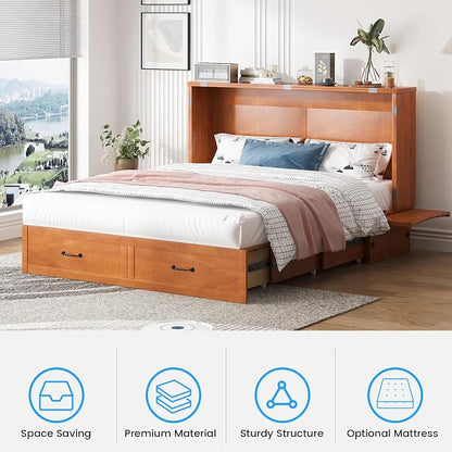 PUREMIND Queen Murphy Bed with Mattress Included, Solid Wood Cabinet Bed with Storage Drawer, USB Charging Ports and Folding Tray, Space Saving Hideaway Murphy Beds Cabinet for Guest Room