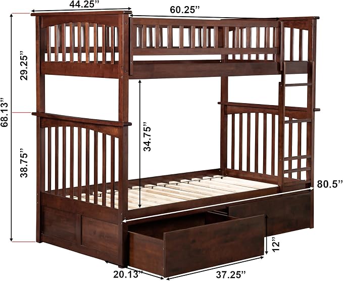 AFI, Columbia Twin Over Twin Ladder Bunk Bed with Storage Drawers, Walnut
