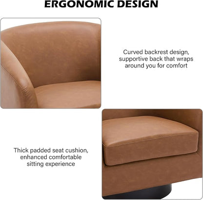 Swivel Barrel Accent Chair, Modern Round Faux Leather Arm Chair for Living Room, Bedroom, Comfy Club Reading Chairs for Adults(Faux Leather, Brown, Set of 4)