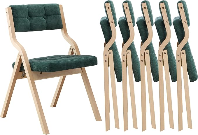 6-Pack Folding Dining Chairs with Cushion,Padded Foldable Dining Chairs,Portable Wooden Folding Chairs with Tufted Buttons Seat for Dining Rooms Kitchen Wedding and Party Indoor Green