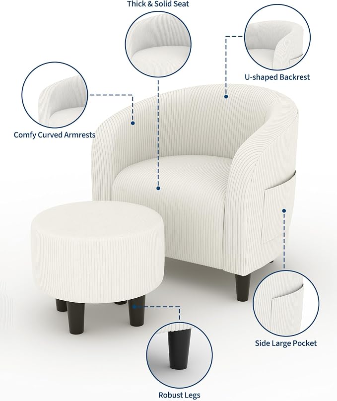 GarveeHome Accent Chair with Ottoman, Corduroy Barrel Chair for Living Room, Comfy Armchair with Footrest for Small Spaces, Reading Nook Chair, Beige