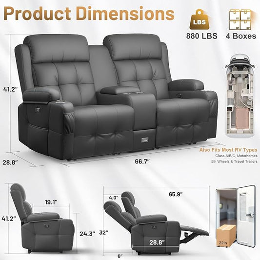 Loveseat Recliner Sofa, Home Theater Seating with Massage, Reclining Loveseats with Console, Wall Hugger RV Couch Movie Theater Chairs, RV Furniture Sofas with USB, Cup Holders, Drawer for Gaming Room