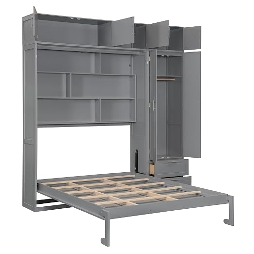 Murphy Bed Queen Size,Murphy Bed with Top Cabinet and Shelves,Space-Saving Multifunctional Hideaway Wall Foldable Bed w/Slat Support,Bedroom Folding Bedframe for Guest Room,Gray