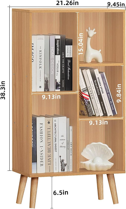 LEYAOYAO Wooden 5 Cube Bookshelf, Natural 3 Tier Book Shelf with Legs, Modern Open Storage Organizer,Boho Bookcase,Display Cabinet Shelf Free Standing Bookshelves for Bedroom,Living Room,Study