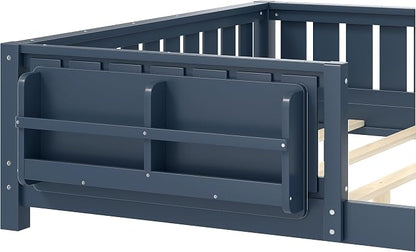 Bellemave Queen Size Floor Bed with high Rails and with Built-in Bookshelf for Kids, Girls, Boys, Wood Montessori Floor Bed Without Door, Blue