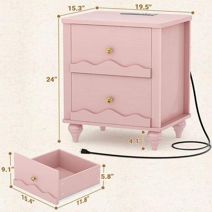 Cyclysio Pink Nightstand with Charging Station, Scalloped Bedside Table with 2 Smooth Drawers, Modern End Table with Solid Wood Legs for Bedroom and Small Spaces