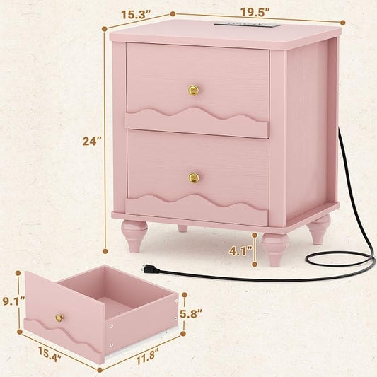 Cyclysio Pink Nightstand with Charging Station Set of 2, Scalloped Bedside Table with 2 Smooth Drawers, Modern End Table with Solid Wood Legs for Bedroom and Small Spaces