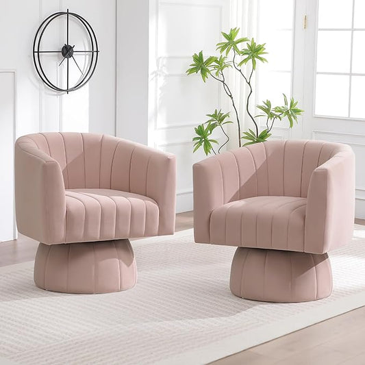 Swivel Accent Barrel Chair Set of 2, Cute Comfy Small Round 360° Arm Chair, Velvet Sofa Club Reading Chair for Living Room Bedroom Office Pink