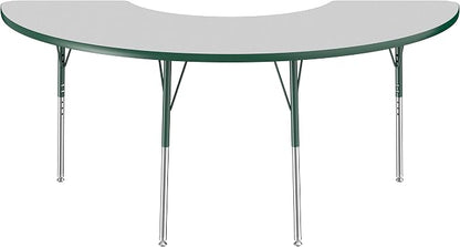 FDP Half Moon Activity School and Office Table (36 x 72 inch), Standard Legs with Swivel Glides for Collaborative Seating Environments, Adjustable Height 19-30 inches - Gray Top and Green Edge