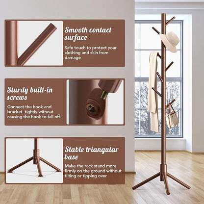 Wooden Coat Rack Freestanding with 8 Hooks,Easy Assembly New Zealand Pine Tree Coat Racks, 3 Adjustable Sizes for Clothes, Hats, Bags, for Entryway, Hallway, Bedroom, Office (Brown, 1 PC)