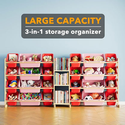 SpaceAid Large Toy Storage Organizer with 24 Bins and 3 Shelves, Toy Organizers Storage Bookshelf, Kids Bin Shelf Box Bookcase for Bedroom Playroom Organization Room Decor, Red and Pink