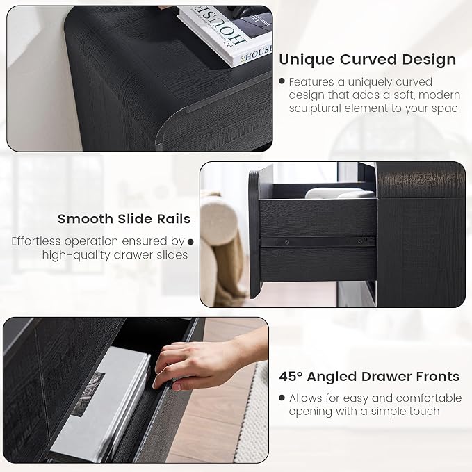 Standifurno 29.5’’ W Dresser for Closet, Black Drawers with Curved Design, Chest Drawer with 5 Drawers, Vertical Drawer with Large Storage, Wooden Dresser for Living Room, Nursery, Entryway