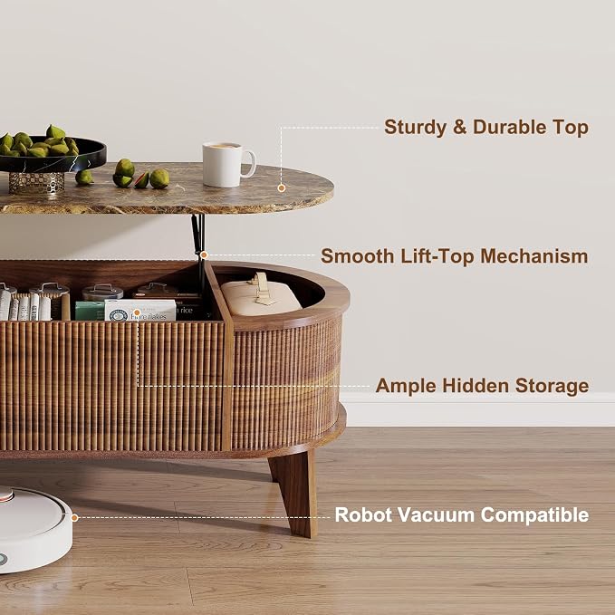 LYNCOHOME 43.3" Fluted Lift Top Coffee Table with Storage, Faux Marble Top Center Table, Modern Oval Coffee Table for Living Room or Home Office（Elegant Walnut）
