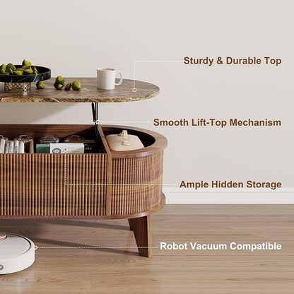 LYNCOHOME 43.3" Fluted Lift Top Coffee Table with Storage, Faux Marble Top Center Table, Modern Oval Coffee Table for Living Room or Home Office（Elegant Walnut）