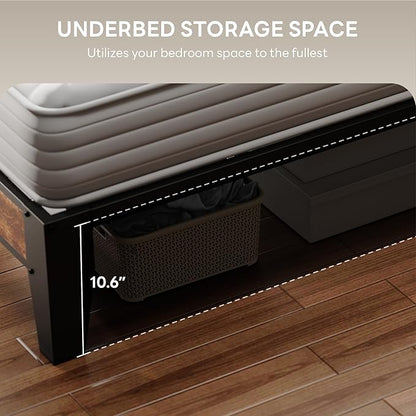LIKIMIO Twin Bed Frame, Storage Headboard with Charging Station, Solid and Stable, Noise Free, No Box Spring Needed, Easy Assembly (Vintage and Black)