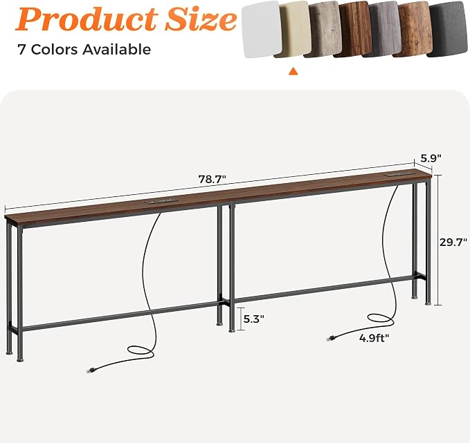 SUPERJARE 79 Inch Sofa Table with 2 Power Outlets and USB-C Ports, 5.9 Inch Narrow Console Table with Storage, Long Entryway Hallway Couch Table Behind Sofa, Small Spaces, Walnut