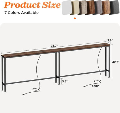 SUPERJARE 79 Inch Sofa Table with 2 Power Outlets and USB-C Ports, 5.9 Inch Narrow Console Table with Storage, Long Entryway Hallway Couch Table Behind Sofa, Small Spaces, Walnut