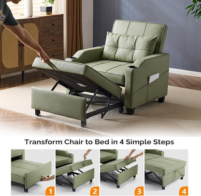 VINGLI Sofa Bed Chair Recliner, 3-in-1 Convertible Sleeper Sofa Chair Bed Green Daybed Pull Out Couch with Adjustable Backrest, USB Ports, Cup Holders for Small Spaces Living Room