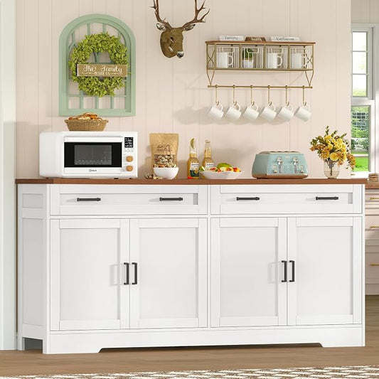 usikey 63" Buffet Cabinet with Storage, Large Sideboard Buffet Cabinet with 2 Adjustable Shelves and 4 Doors, Modern Farmhouse Coffee Bar for Kitchen, Living Room, White