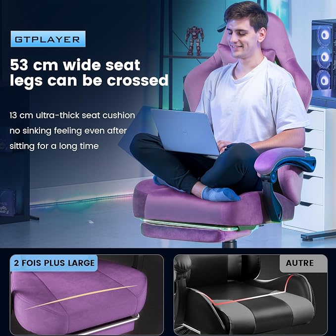 GTPLAYER Gaming Chair Fabric with Pocket Spring Cushion, High Back Ergonomic Computer Chair with Footrest for Adults Lumbar Support Swivel Game Chair for Office Gaming 350LBS, Light Purple
