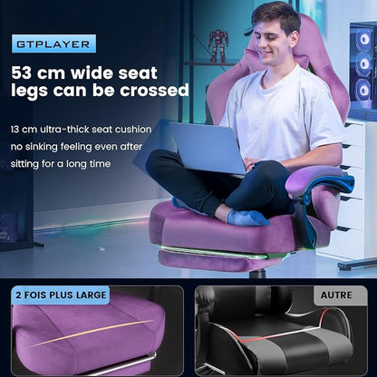 GTPLAYER Gaming Chair Fabric with Pocket Spring Cushion, High Back Ergonomic Computer Chair with Footrest for Adults Lumbar Support Swivel Game Chair for Office Gaming 350LBS, Light Purple