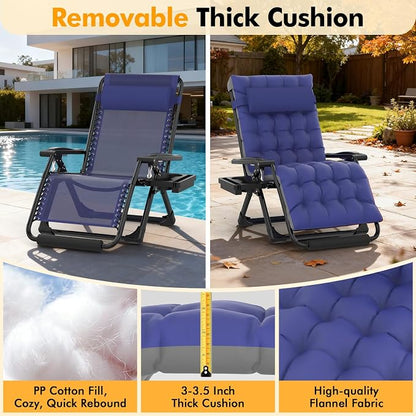 Slendor Zero Gravity Chair Oversized, 33In XXL Reclining Lounge Chair with Removable Cushion, Cup Tray, Footrest, Folding Reclining Camping Patio Recliner Chair w/Upgraded Lock,Blue