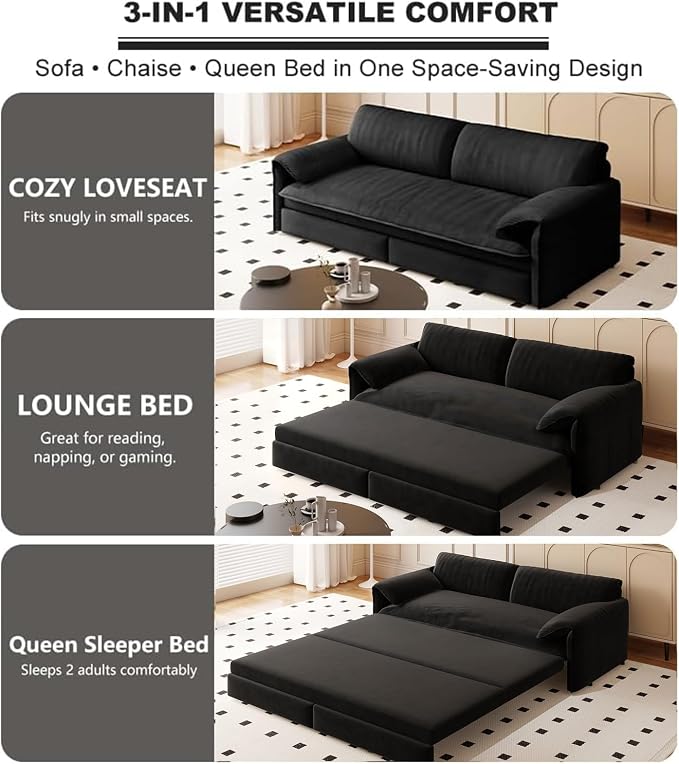 66" Sofa Bed Queen Size, Pull Out Couch Bed, 3-in-1 Convertible Sleeper Sofa with Side Pocket, Modern Velvet Futon Couch for Living Room, Small Space, Apartment, Bedroom, Black