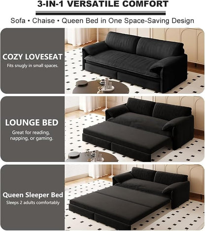66" Sofa Bed Queen Size, Pull Out Couch Bed, 3-in-1 Convertible Sleeper Sofa with Side Pocket, Modern Velvet Futon Couch for Living Room, Small Space, Apartment, Bedroom, Black