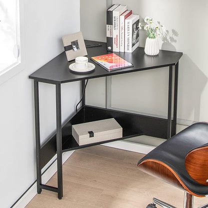 Tangkula Corner Desk with Power Outlet & USB Ports, Triangle Computer Desk with Charging Station, Storage Shelf, Space Saving Writing Desk, Vanity Table, Corner Desk for Small Space (Black)