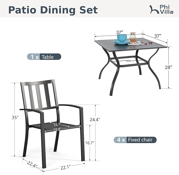 PHI VILLA 5pc Outdoor Table and Chairs,37" Square Table w/Umbrella Hole | Perfect for patio, deck, porch, backyard. Includes 1 black square metal table and 4 stackable wrought iron chairs.