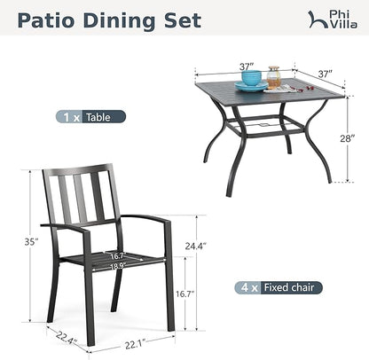 PHI VILLA 5pc Outdoor Table and Chairs,37" Square Table w/Umbrella Hole | Perfect for patio, deck, porch, backyard. Includes 1 black square metal table and 4 stackable wrought iron chairs.