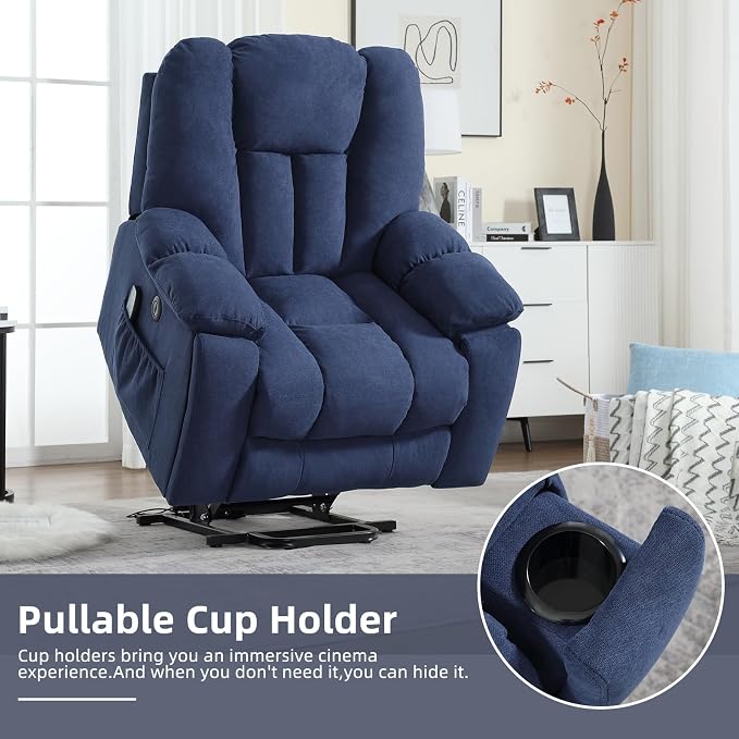 CANMOV Power Lift Recliner Chair with Massage and Heat for Elderly, Overstuffed Wide Recliners, Heavy Duty and Safety Motion Reclining Mechanism with USB Ports, 2 Concealed Cup Holders, Navy Blue