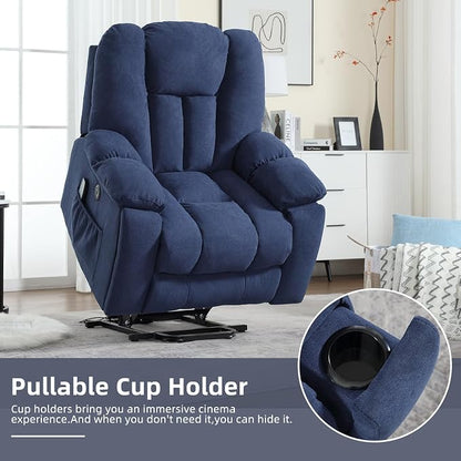 CANMOV Power Lift Recliner Chair with Massage and Heat for Elderly, Overstuffed Wide Recliners, Heavy Duty and Safety Motion Reclining Mechanism with USB Ports, 2 Concealed Cup Holders, Navy Blue