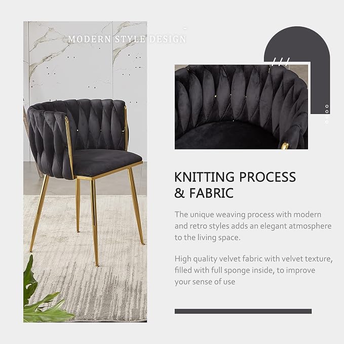 Black Velvet Dining Chairs Set of 6, Upholstered Dining Chairs with Golden Metal Legs, Modern Woven Dining Chair for Dining Room, Kitchen, Vanity, Living Room