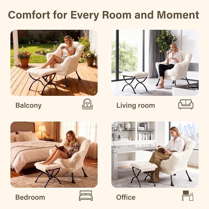 Lazy Chair with Ottoman, Modern Accent Chair Sofa Chair with Armrests, Reading Chair and Folding Footstool for Living Room, Bedroom, Office, Plush Beige