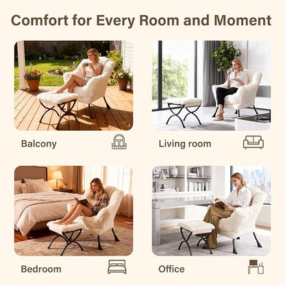Lazy Chair with Ottoman, Modern Accent Chair Sofa Chair with Armrests, Reading Chair and Folding Footstool for Living Room, Bedroom, Office, Plush Beige